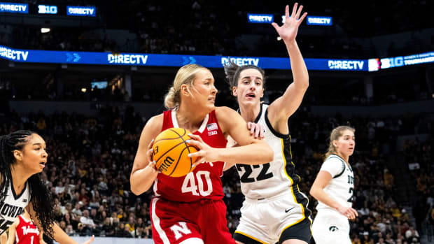 Iowa's Caitlin Clark guards Nebraska center Alexis Markowski during the first half of the Big Ten Tournament championship game at the Target Center on Sunday, March 10, 2024, in Minneapolis, Minn.